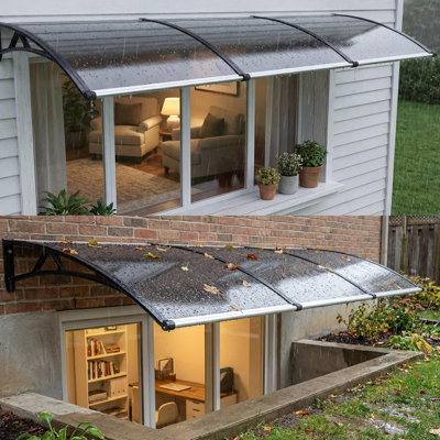 Auvent en polycarbonate noir et brun de 100 x 300 cm (39,4 x 118,1 pouces) avec cadre en aluminium et bordure de gouttière, résistant aux UV et aux intempéries, pour fenêtres, portes et terrasse.