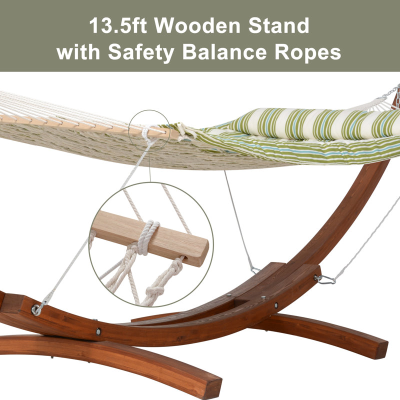Hamac en corde avec support en bois de 13,5 pi et coussin amovible, Vert / rayures beiges
