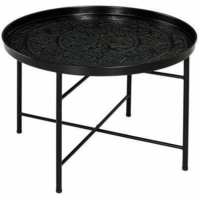 24" Round Coffee Table With Hammered Tray Top, Vintage Metal Center Table