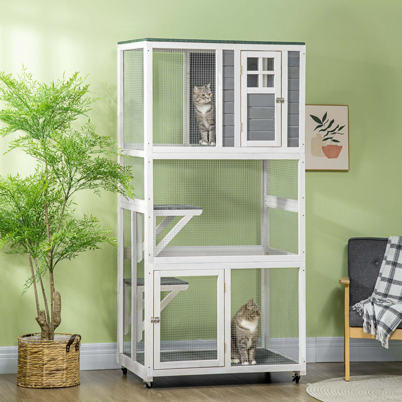 Maison pour chat d'extérieur en bois PawHut de 74 po résistante aux intempéries et sur roulettes, Gris