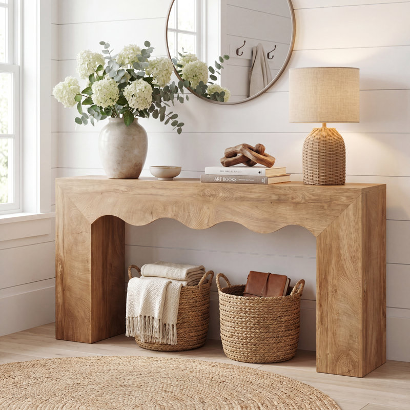 63-Inch Long Sofa Table, Farmhouse Wood Console Entryway Table, Light Brown