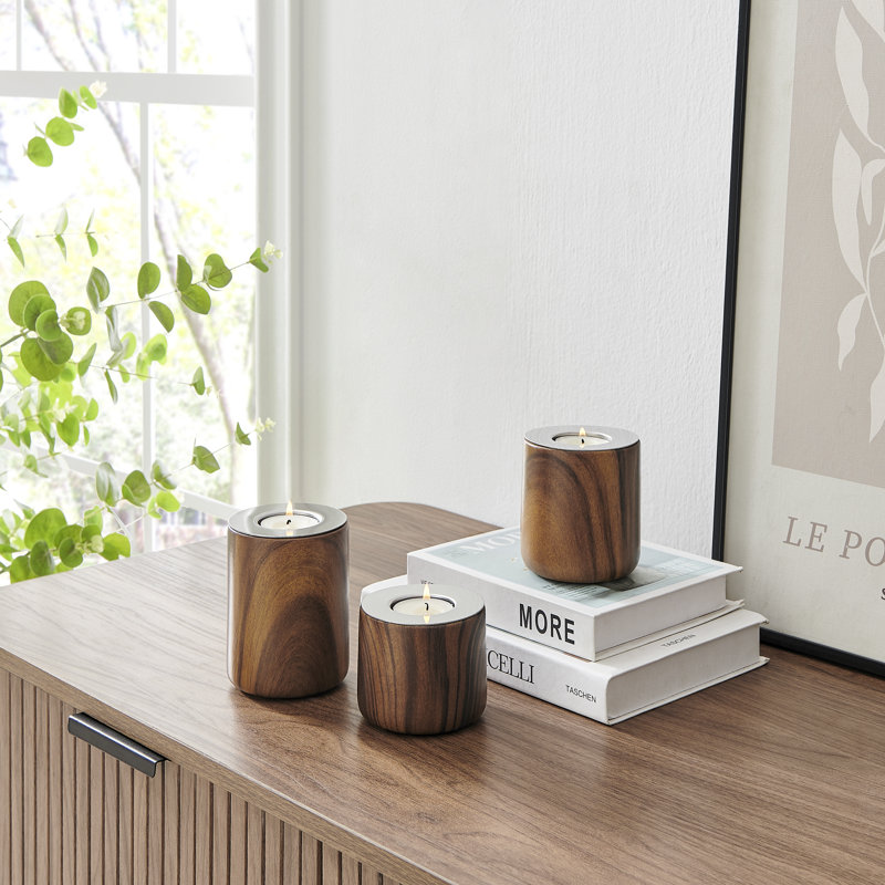Hemming Modern Walnut Finish Three Piece Tealight Candle Holder Tabletop Decor Set