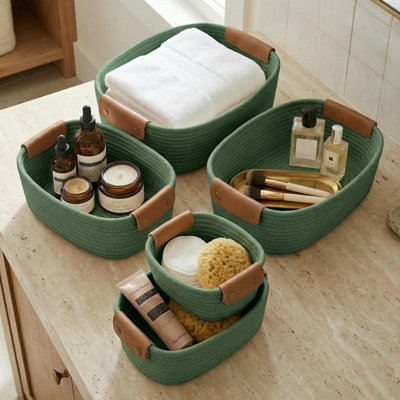 Storage Basket Set Of 5 ，Sturdy Cotton Rope Baskets For Shelves Are Perfect For Organizing Your Home， Quality Storage Bins Easily Fit With Any Nursery Or Bedroom Decor