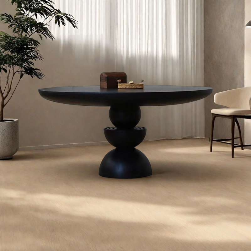 Table de salle à manger en bois de frêne massif avec base ronde unique, H 29,9 po x L 51,1 po x l 51,1 po, Noir