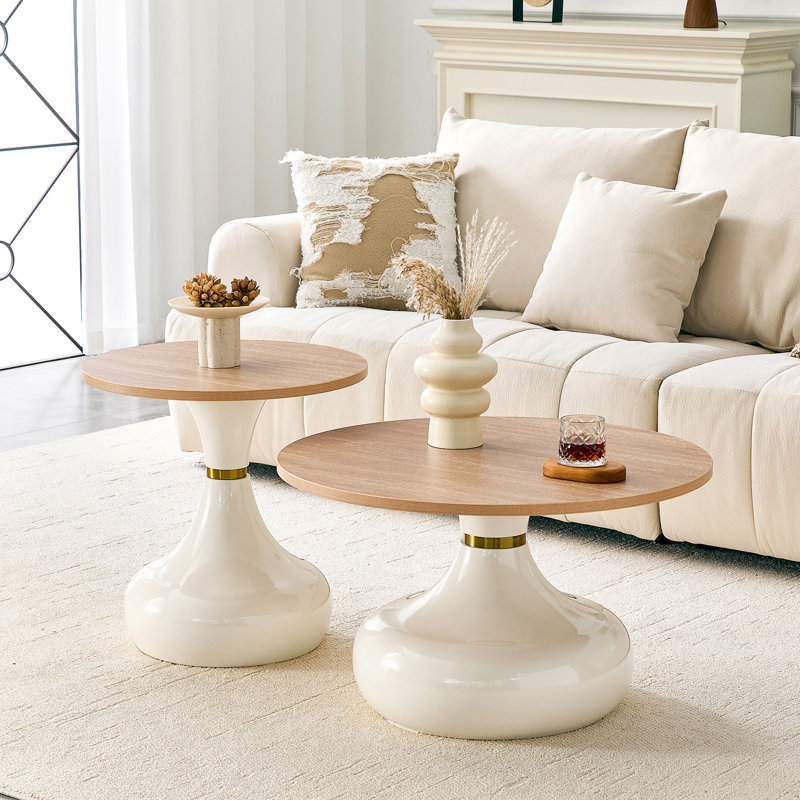 Ensemble de tables basses gigognes de forme ronde, Natural Wood / Off White