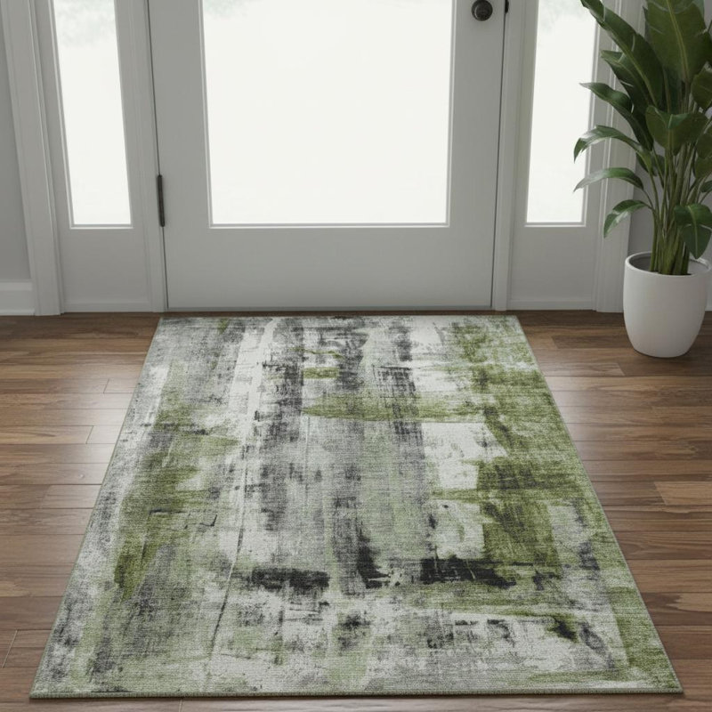 3' X 5' Olive Green Charcoal And Ivory Abstract Washable Area Rug With UV Protection