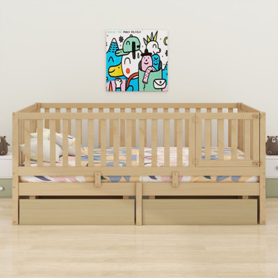 Wood Daybed With Fence Guardrails And Drawers