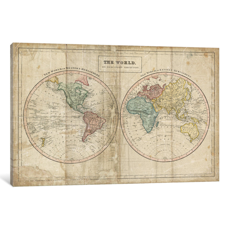 « old world (eastern hemisphere), new world (western hemisphere) », impression sur toile tendue, H 12 po x l 18 po x P 1,5 po