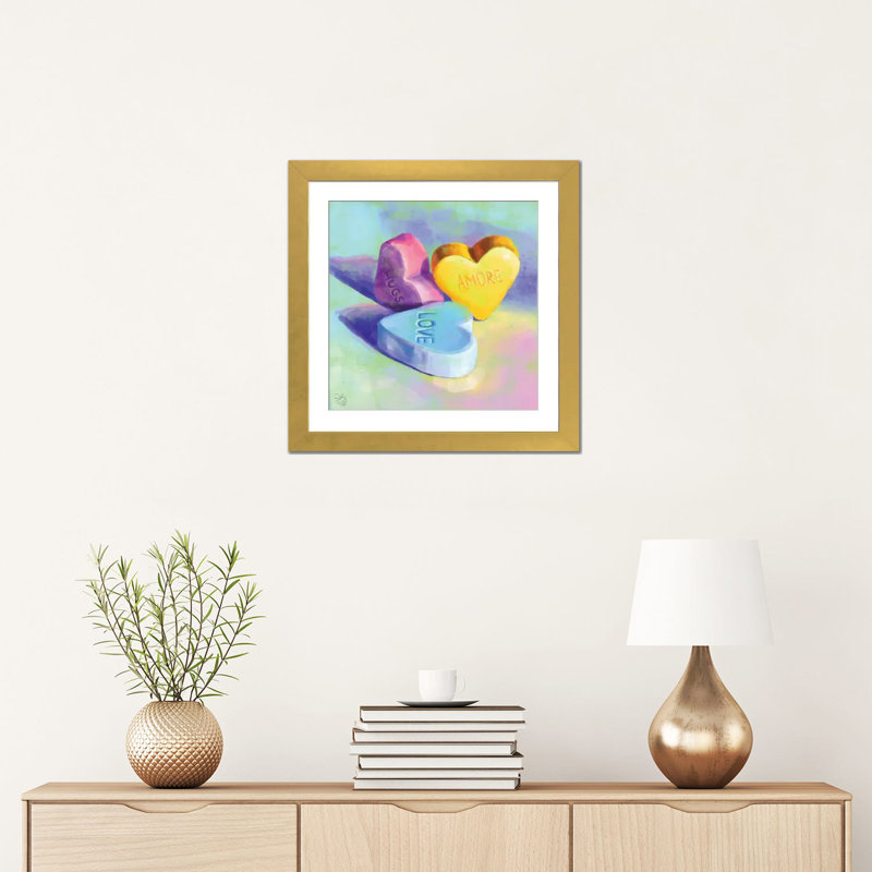 Bonbons cœurs - reproduction d'art mural - papier d'art encadré, H 16 po x l 16 po, Papier à cadre ouvert avec passe-partout