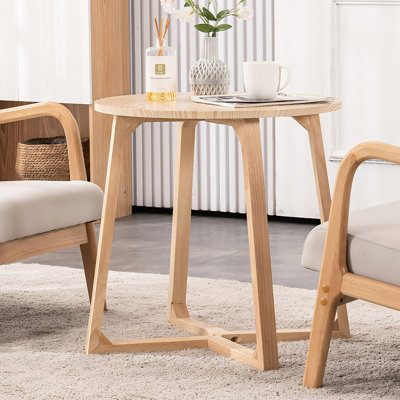 Table d'appoint ronde de 61 cm (24 po), design moderne du milieu du siècle, en bois massif avec pieds en forme de V, idéale pour une chambre ou un petit salon, couleur naturelle, gain de place, montage facile et fonctionnel