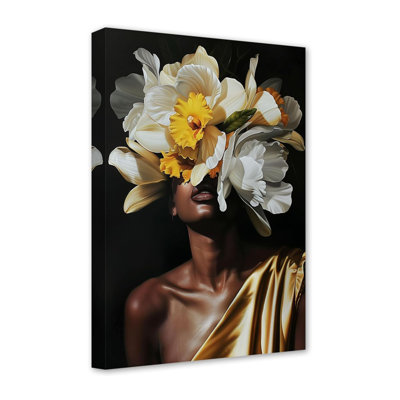 African American Wall Art African Black Girl Picture Abstract Flower On Black Women Head Canvas Prints Vintage Artwork For Girl Room Decor Framed (Yellow, 16.00" X 24.00")