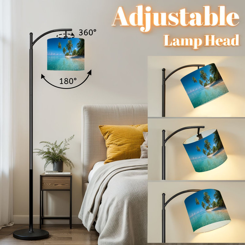 Arc Floor Lamp with Adjustable Lampshade Tropical Island Beach Crystal Clear Water Palm Trees Standing Lamp 3 Color Temperatures Dimmable Tall Pole Lamp with Foot Switch for Bedroom