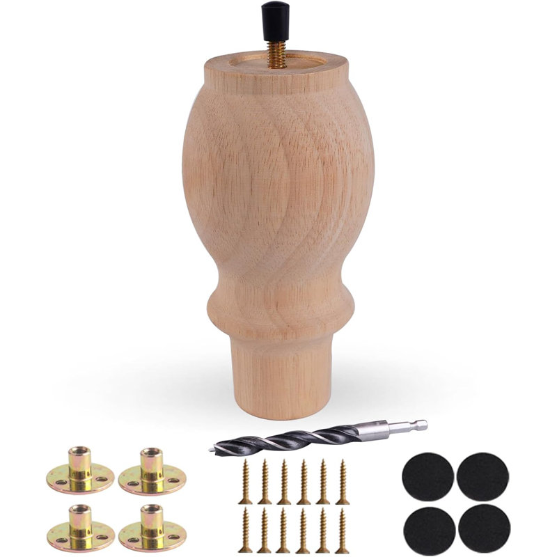 Ensemble de 4 pieds en bois d'hévéa robustes, pieds en bois brut pour le remplacement d'un canapé, d'un canapé, d'une armoire, d'une commode et d'un banc, installation facile incluse