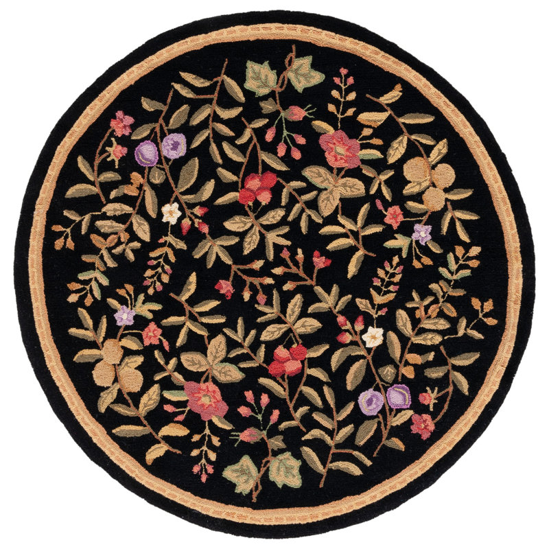 Tapis floral en laine crocheté à la main noir Kinchen, Rond 8 pi