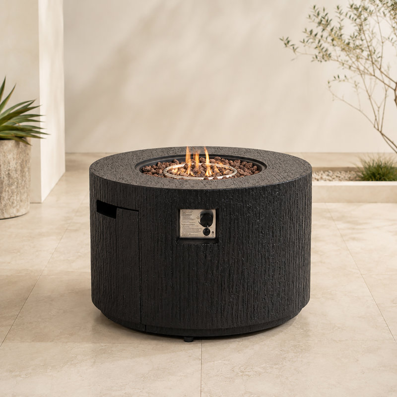 Table basse d'extérieur ronde au propane de 89,3 cm (35,19 po), 50 000 BTU, aspect bois, avec compartiment dissimulé pour la bouteille de propane.
