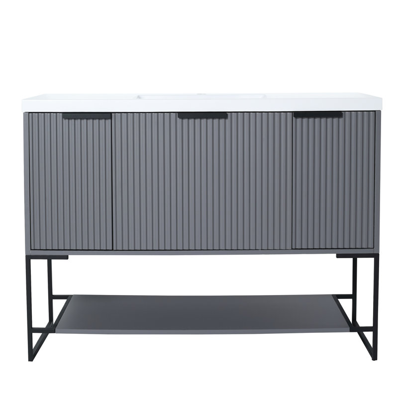 Meuble-lavabo autoportant de 48 po, lavabo simple en résine, tiroir et porte à fermeture en douceur, poignées en métal, meuble-lavabo 48 x 18 gris avec tiroir de fermeture, poignée, grande capacité de rangement