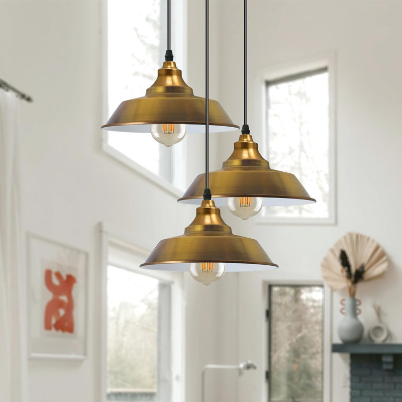 3 - Light Satin Nickel Cone Pendant, Yellow Brass
