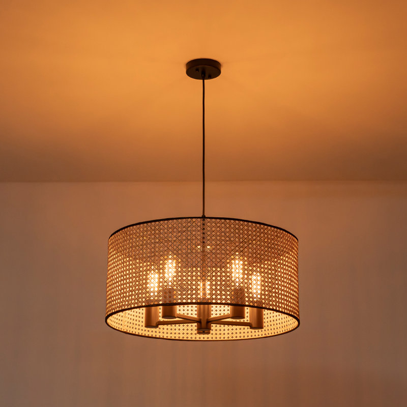 Boho-Style Airy Rattan Drum Single Pendant, 14.6" H x 23.6" W x 23.6" D