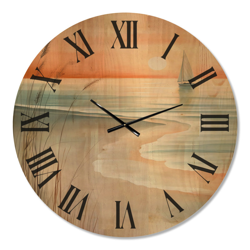Peach Sail Sunset I - Horloge murale ronde en bois de style côtier, Extra Large