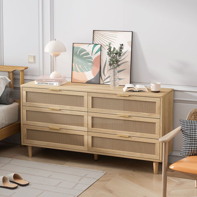 6-Drawers Rattan Storage Cabinet Rattan Drawer, Natural, 29.53" H x 51.18" W x 15.75" D