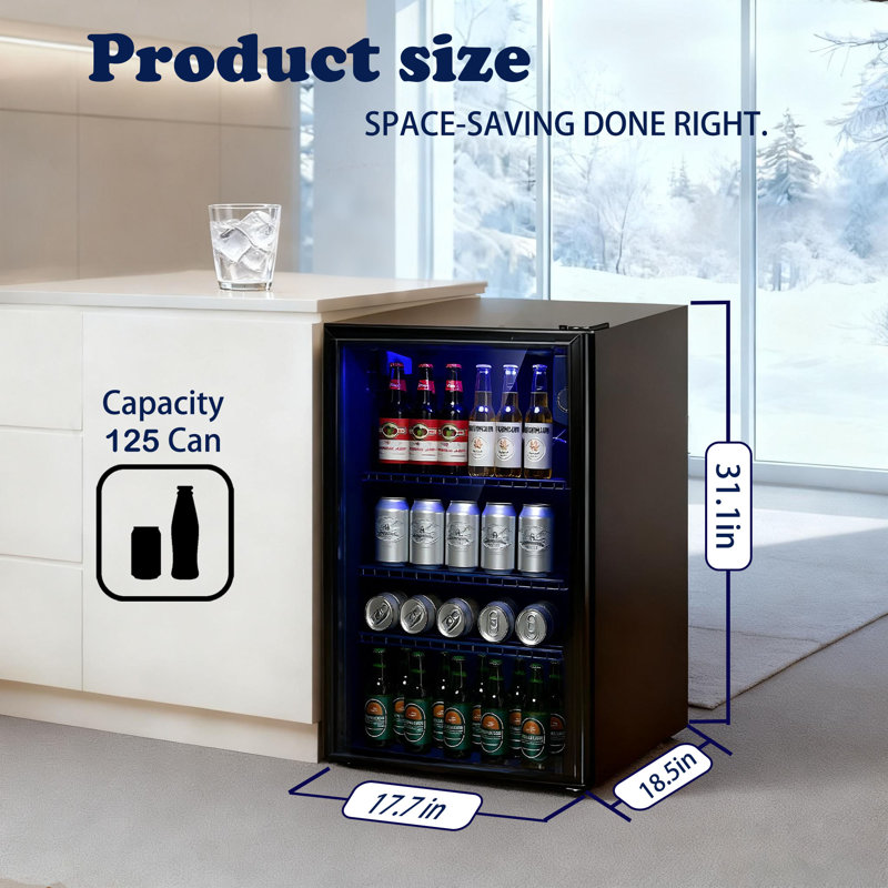 3.5 Cu.Ft Beverage Refrigerator Cooler - 125 Can Mini Fridge Glass Door for Soda Beer Drink, Small Refrigerator with Adjustable Shelves for Bedroom Office Home Bar
