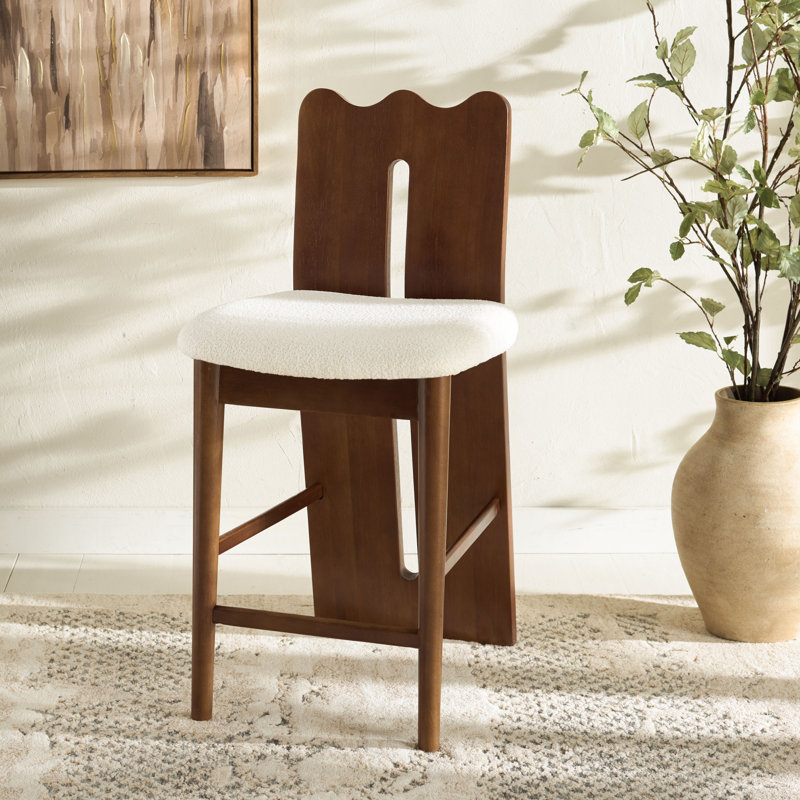 Upholstered Boucle Counter Stool with Solid Wood Frame, Walnut