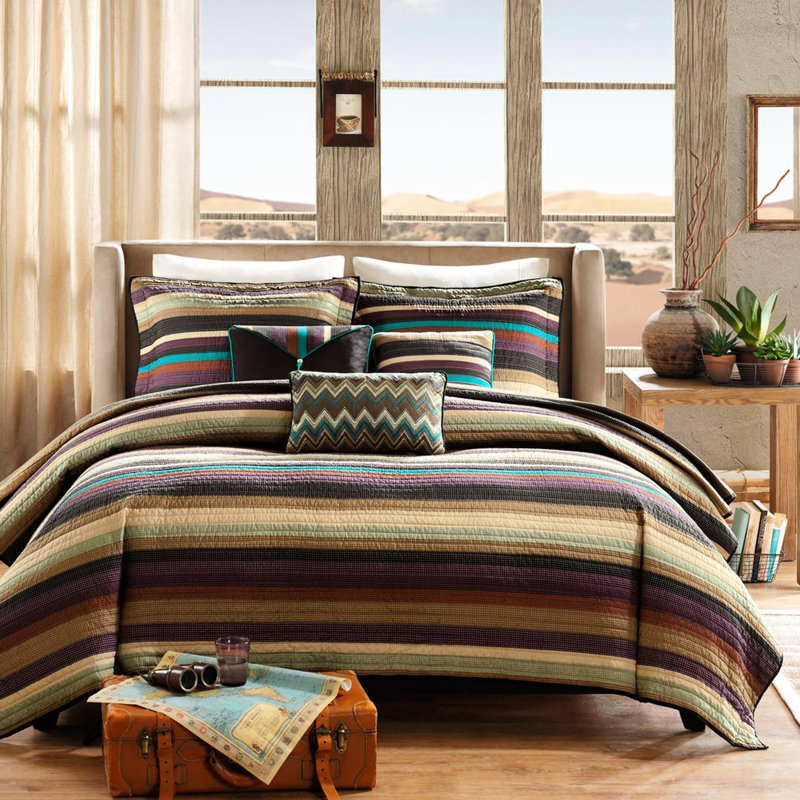 Courtepointe réversible avec 3 coussins, microfibre, zigzag fascinant et motifs à rayures en mauve, bleu sarcelle, tons de terre, belles combinaisons de tons de bleu sarcelle mauve