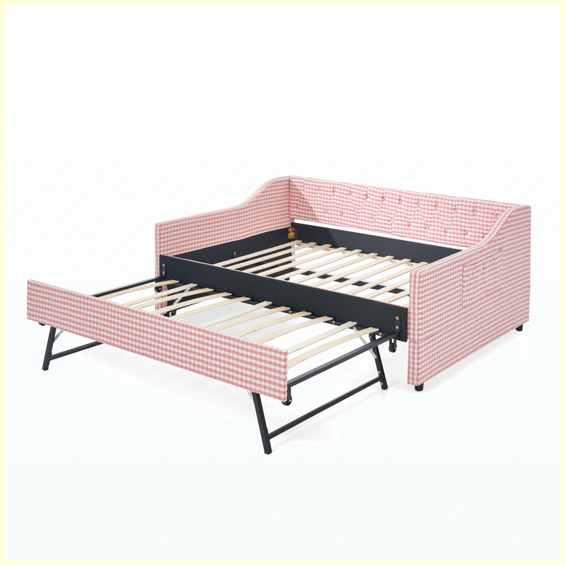Pink Full Size Upholstered Convertible Daybed with Tufted Backrest, Trundle, and Storage, Full / Double