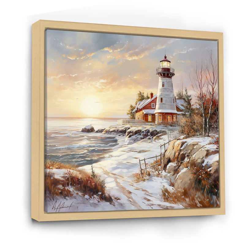 «Coastal Light House Charm in Winter I», reproduction sur toile, Cadre naturel flottant, 24" H x 24" W