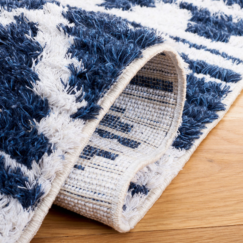 Navy and Ivory Geometric Flat Woven Square Rug