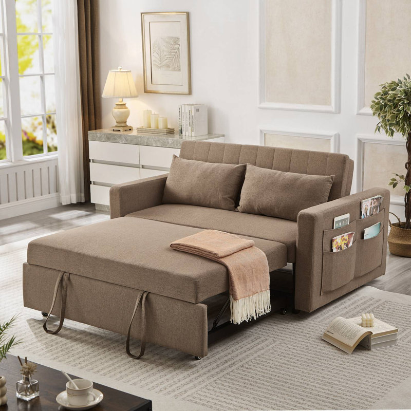 Lateresa 54'' Small Loveseat Pull-Out Sofa Bed - Adjustable Backrest With 2 Soft Pillows, Brown