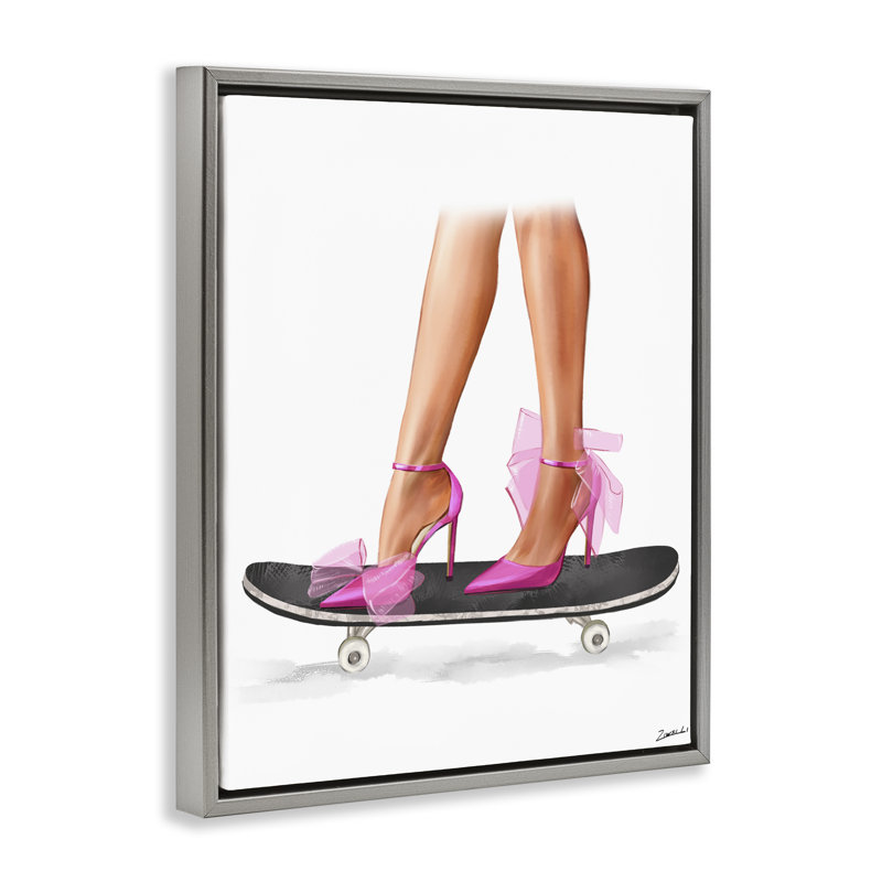 «Pink Heels on Skateboard», encadrée dorée sur toile flottante par Ziwei Li, Cadre flottant gris lustré, H 31 po x l 25 po