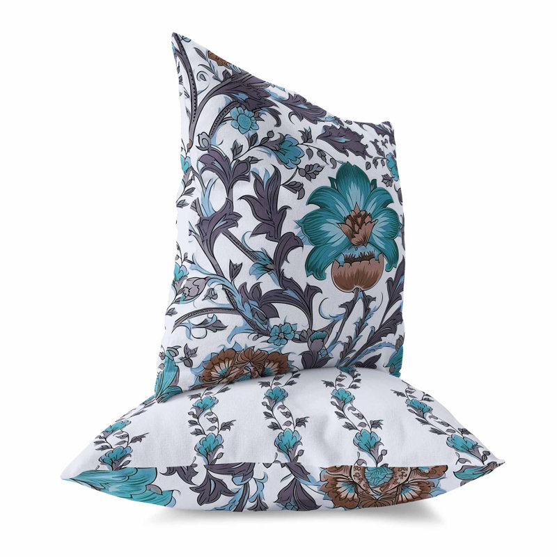 Coussin Mughal Era Garden Treasures Broadcloth, Blanc / lavande / aigue-marine, H 20 po x l 20 po