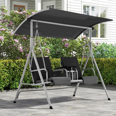 Balancelle 2 places avec auvent, chaise de patio avec cadre en acier avec porte-gobelets et plateau de rangement, balançoire de jardin pour terrasse et bord de piscine