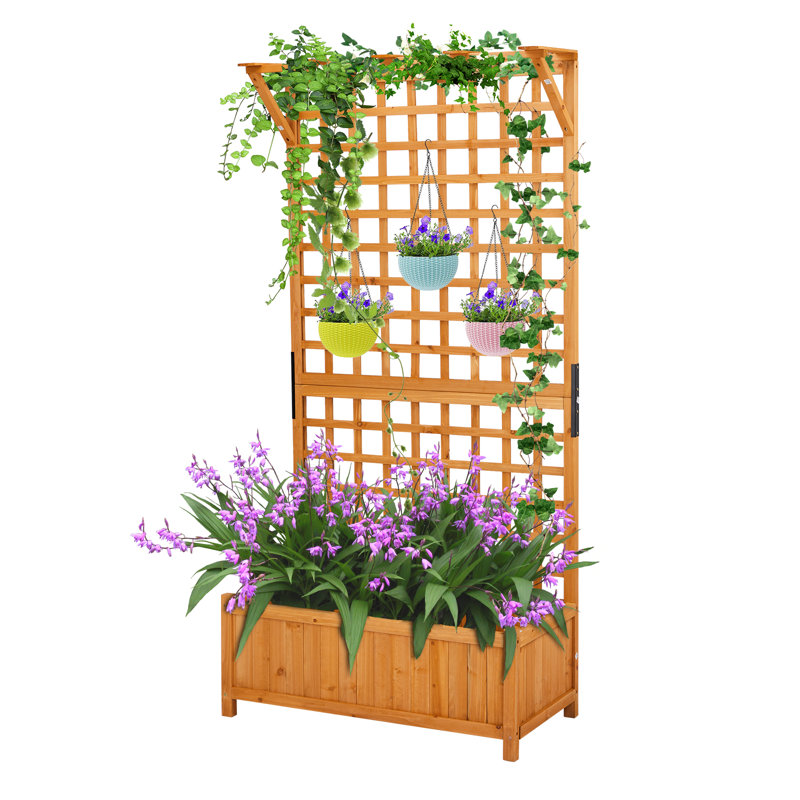 Lit de jardin surélevé en bois 72 po avec toit suspendu et treillis d'escalade