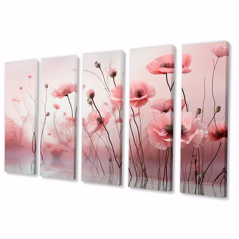 «Pink Dawn S Blush Pink Poppies Awakening - Coquelicots», art mural 5 pièces, H 32 po x l 80 po