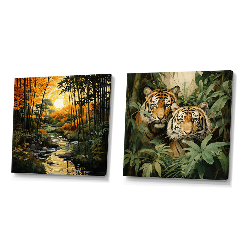 Fougères vertes et noires - contraste dynamique - ensemble de 2 collages carrés de forêt, Toile tendue, H 30 po x l 61 po