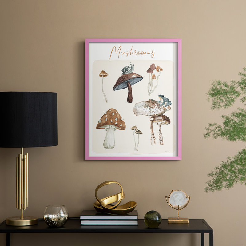 Tableau de champignon, reproduction encadrée - bois massif, Rose, H 21 po x l 17 po