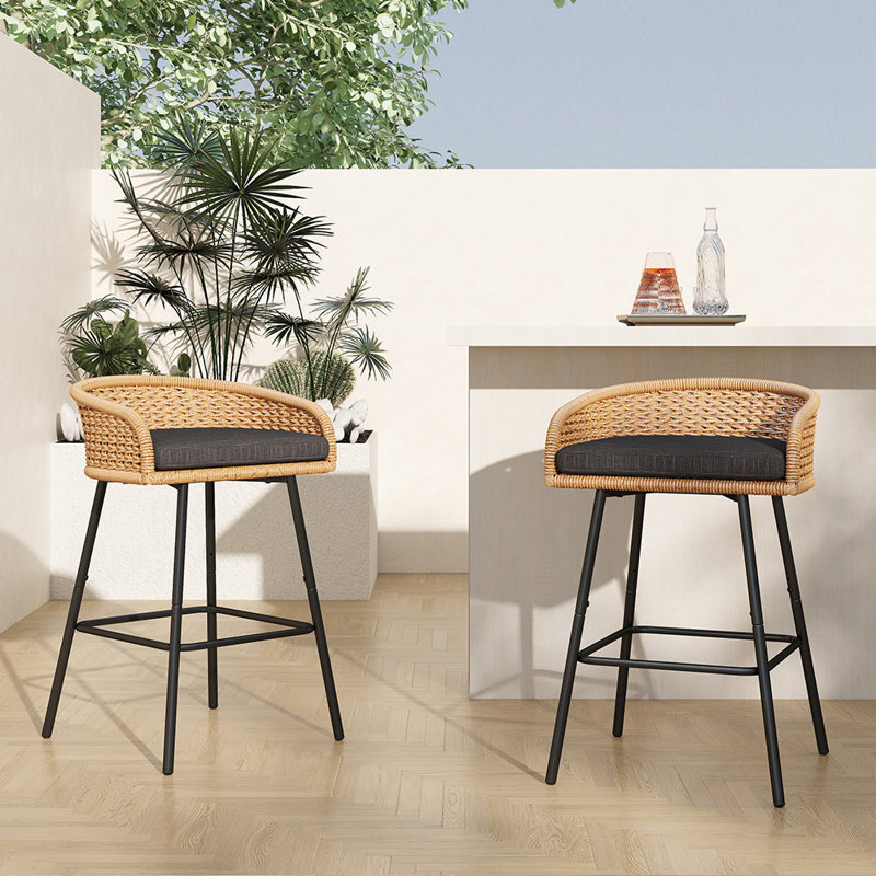 Carvin Outdoor Upholstered Bar Stools Set of 2 with Removable Cushions, Woven Counter Height Bar Chairs, Patio Dining Chairs for Garden, Pool, Lawn & Backyard