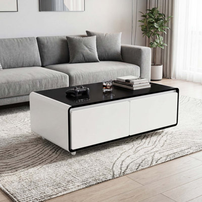Smart Coffee Table with Dual Fridges, Wireless Charging, Bluetooth Speakers, and RGB Lighting for Modern Living Rooms.