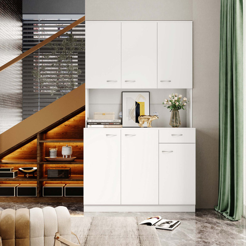 70,87 po de hauteur avec garde-robe et armoire de cuisine, avec 6 portes, 1 tablette ouverte et 1 tiroir, Blanc