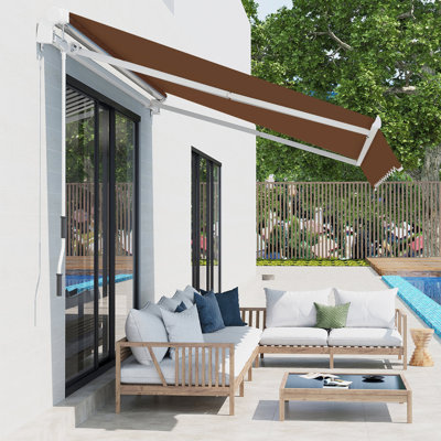 13' X 8' Balcony Awning, & Water-, Manual Crank, Coffee Brown For Deck Patio Glorious Sunshade Awning 13'X8', Aluminum Frame, Style