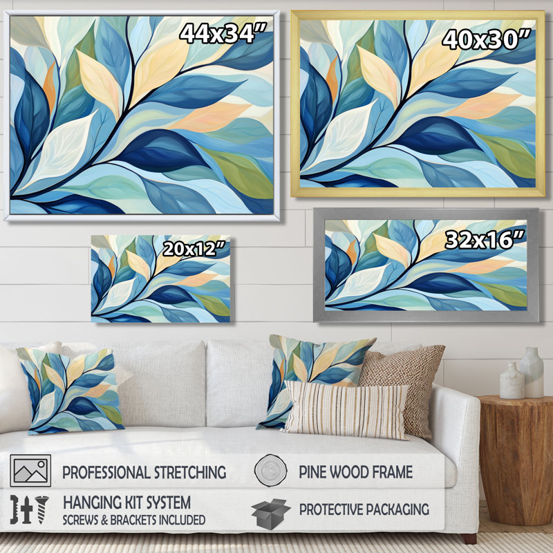 Décoration murale feuilles sépia bleu et vert délavées, 24" H x 32" W, Toile tendue, Ne s’applique pas