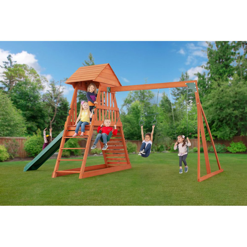 Cedar Chalet Wooden Playset with Slide, Swings, and Fort