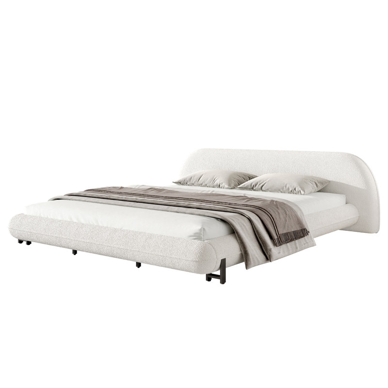 Bed Frame With Boucle Fabric, Upholstered Platform Bed With Curve-Shaped Design & Thick Headboard, King