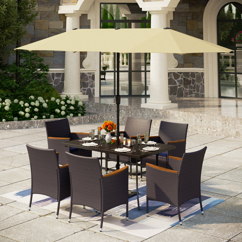 Ensemble de salle à manger 7 pièces en métal et osier en osier avec parasol Leonard