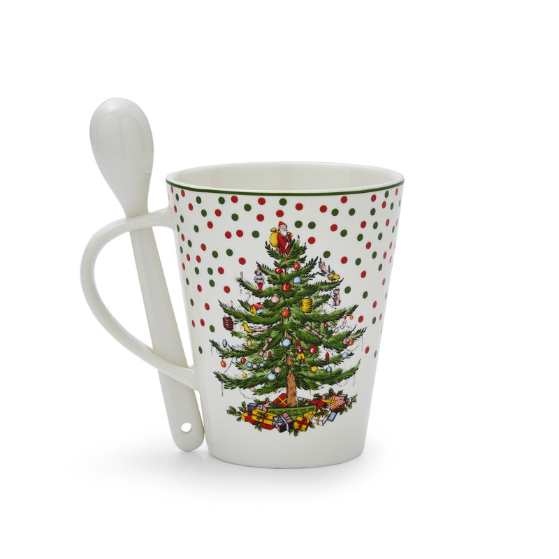Spode Christmas Tree Polka Dot Mug & Spoon Set 14Oz