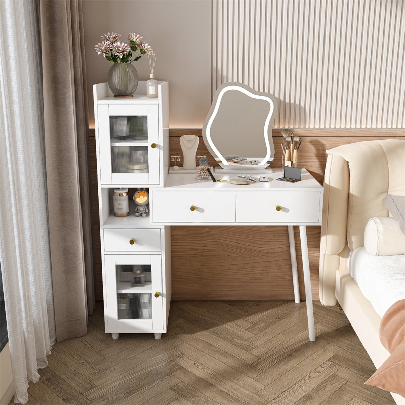 Coiffeuse avec miroir à DEL et rangement - Le bureau de maquillage blanc comprend 3 tiroirs, 2 tablettes ouvertes et 4 armoires cachées (portes transparentes) - 3 modes d'éclairage réglables - idéal pour la chambre à coucher ou le salon