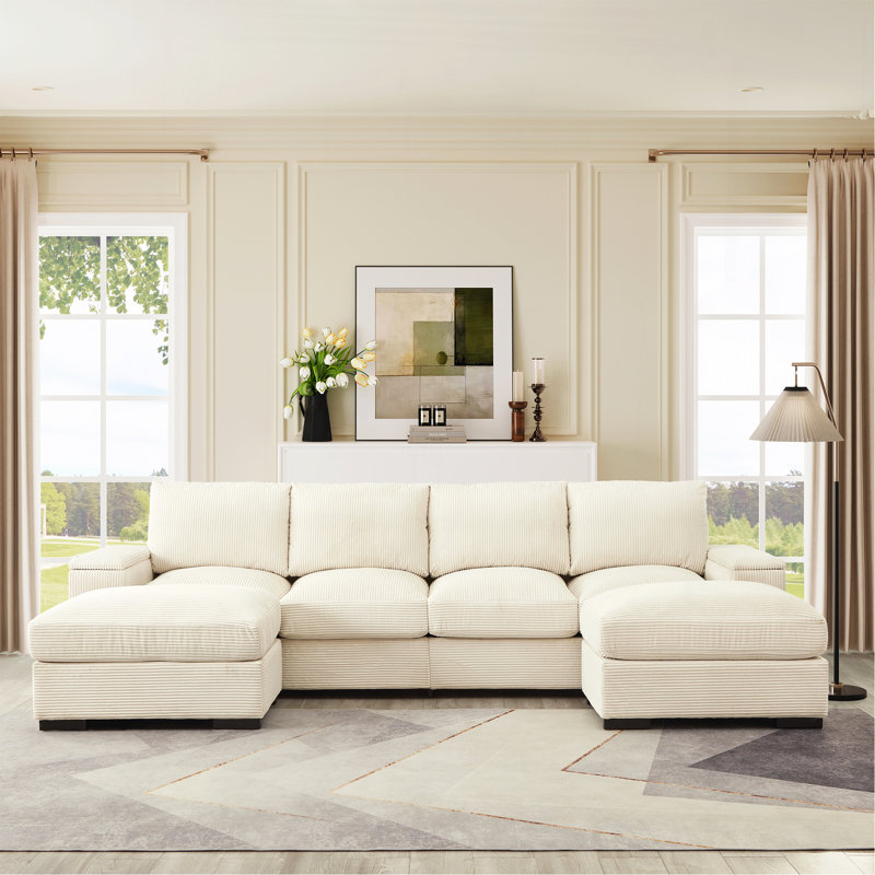 Canapé modulaire à assise profonde avec repose-pieds, Velours côtelé beige