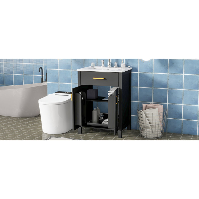 Ensemble de meuble-lavabo 24 po avec lavabo en céramique, meuble-lavabo peu encombrant - l 24 po x P 18 po x H 34 po, 2 portes à fermeture en douceur